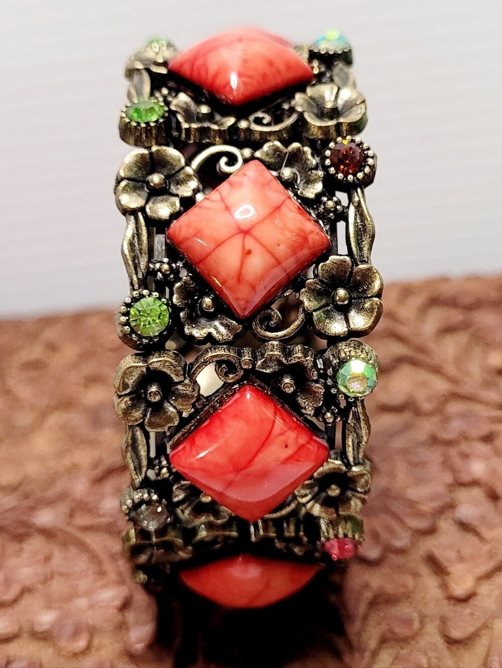 Vintage-Style Coral Red Floral Statement Bracelet - Unbranded